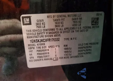 2015 Chevrolet Suburban K1500 Lt from USA, damaged, VIN 1GNSKJKC9FR176332